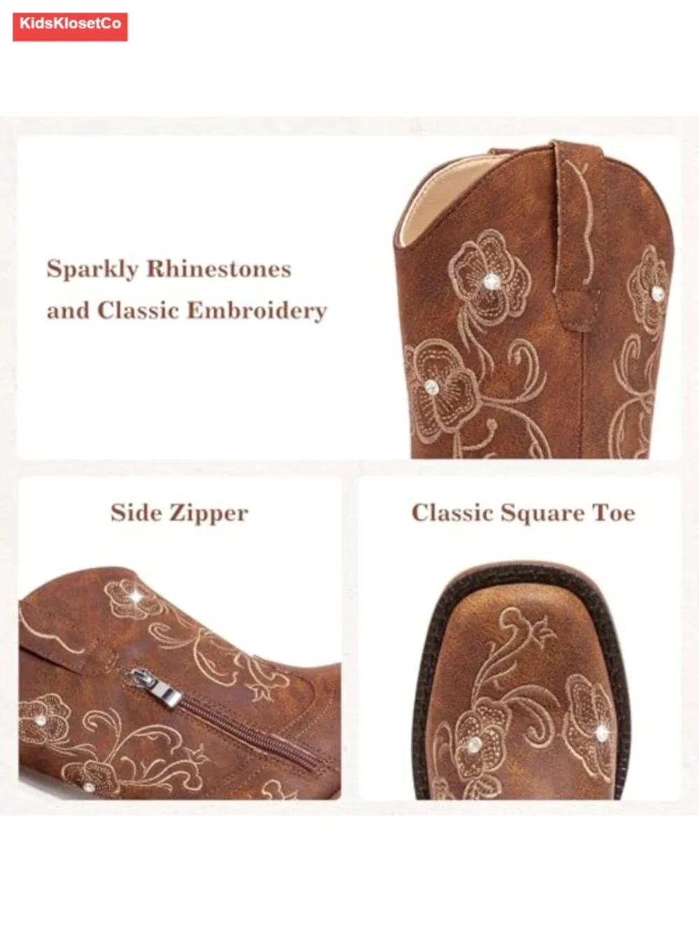 Girls Cowboy Boots Floral Embroidery Rhinestone Side Zipper Mid Calf Square Toe